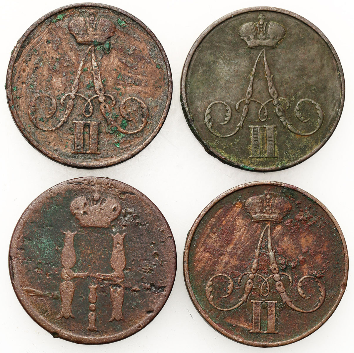 Polska XIX w./Rosja. Kopiejka 1860 EM + 1863 BM, Warszawa, zestaw 4 monet